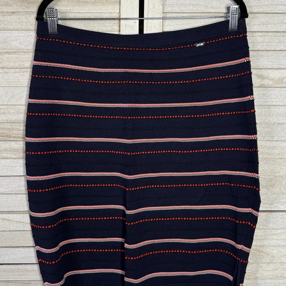 St. John Sport Knit Pencil Skirt Medium Navy Pink Stripe Designer Preppy Coastal